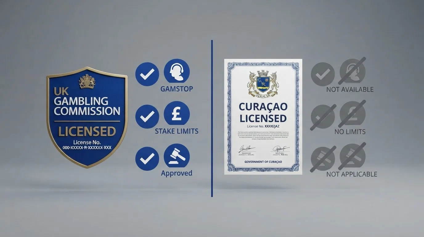 A split-comparison graphic: the left side shows a UKGC badge with check-mark icons for GAMSTOP, stake limits, deposit caps and ADR; the right side shows a Curaçao licence certificate with the same icons greyed out or crossed through