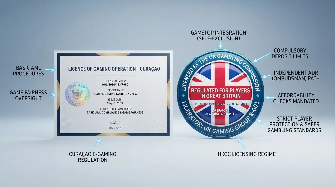 A visual comparison: a Curaçao gaming licence certificate and a UKGC licence badge side by side, with callout lines labelling what each one grants the player