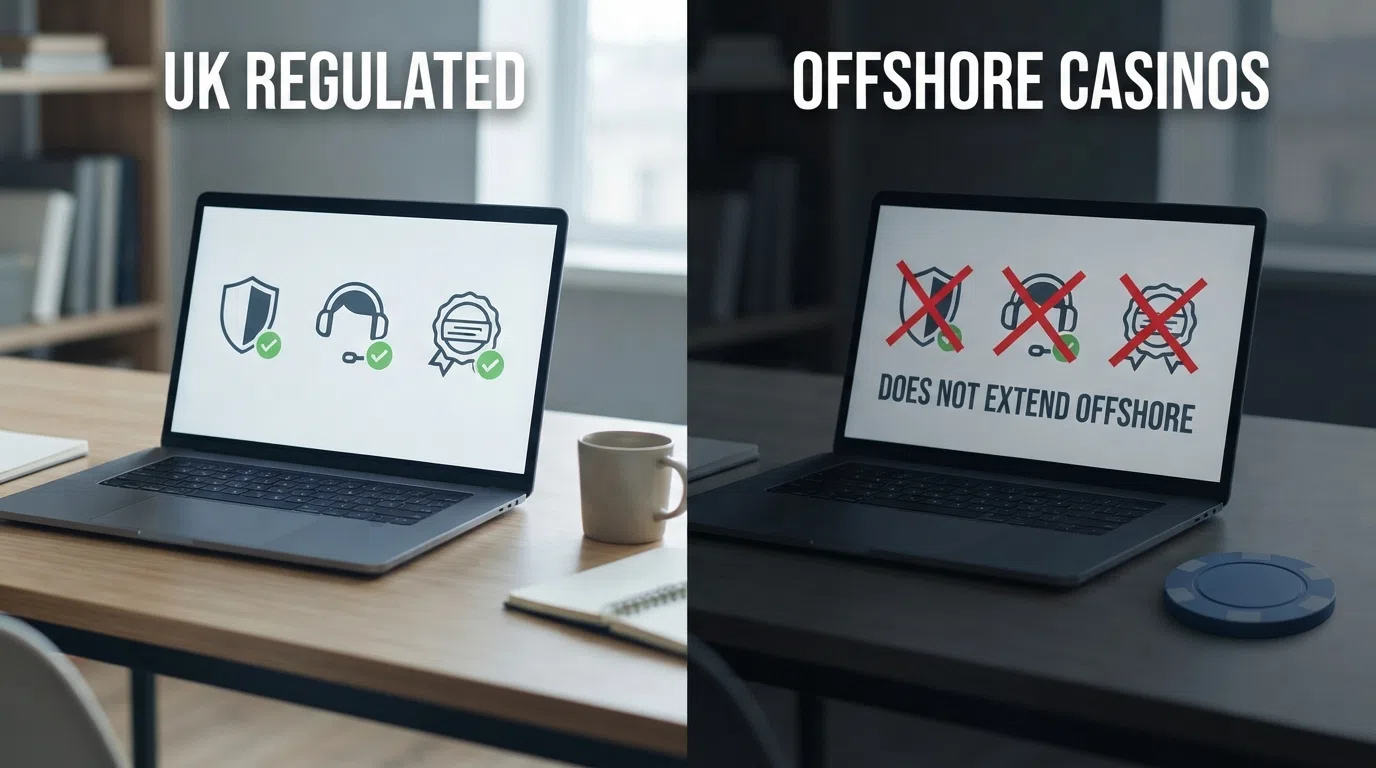 Split graphic showing GAMSTOP, GamCare and UKGC icons with a green tick on the left, the same three with a red cross and does not extend offshore on the right