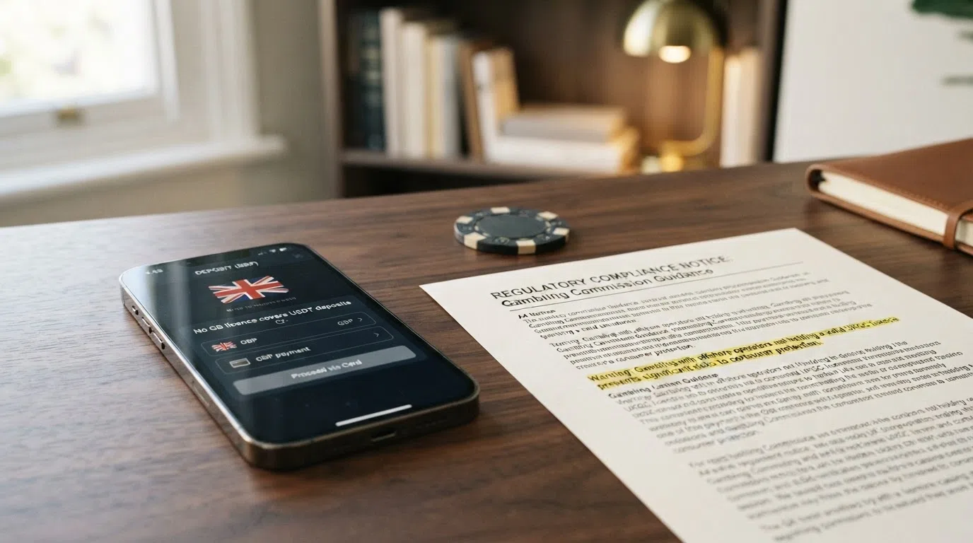 a mobile phone showing a casino deposit screen next to a regulatory document