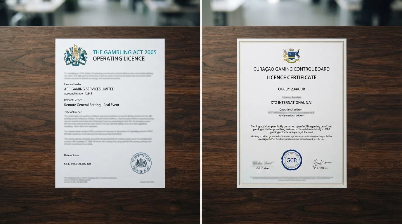 A split-screen comparison showing a UK Gambling Commission operating licence certificate on one side and a Curaçao Gaming Control Board licence document on the other, with the UKGC document marked as absent from every Solana casino