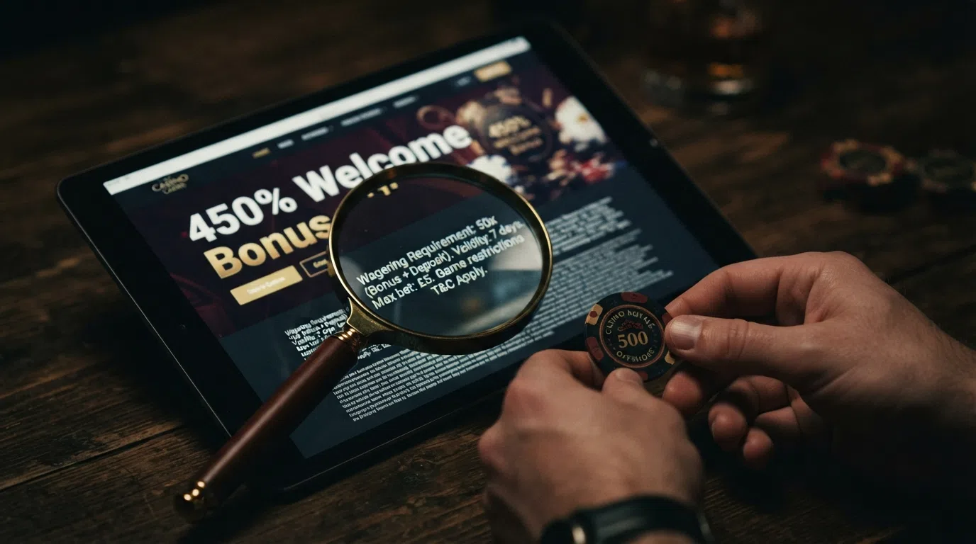 A magnifying glass over a casino promotion page showing a large "450% Welcome Bonus" headline with the smaller wagering-multiple and validity-window fine print circled in the foreground