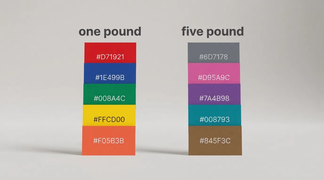 Two columns of casino name cards, five labelled one pound and five labelled five pound