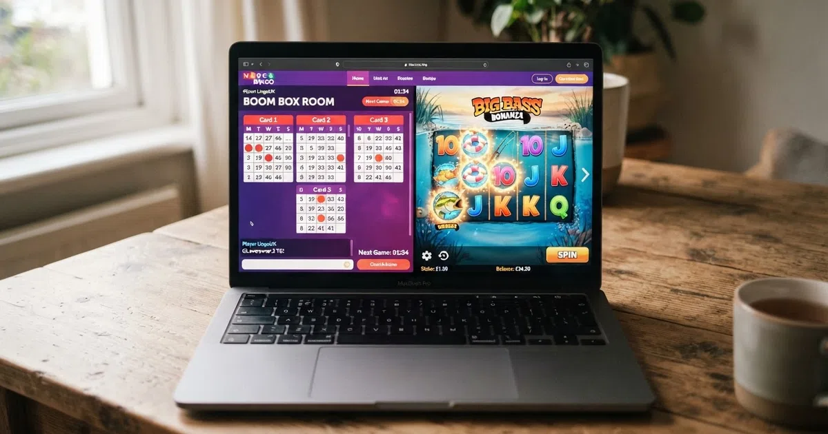 A UK bingo site lobby on a laptop screen, with bingo cards on one side and slot reels on the other.