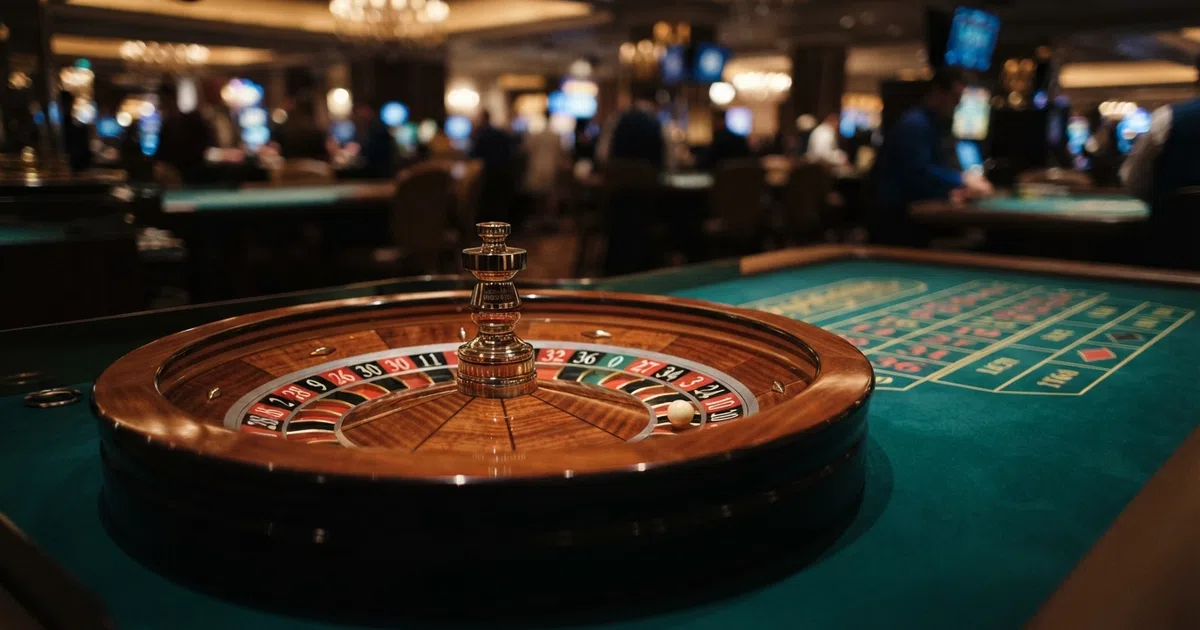 An American roulette wheel with 38 numbered pockets including a green 0 and a green 00, set on a casino felt table