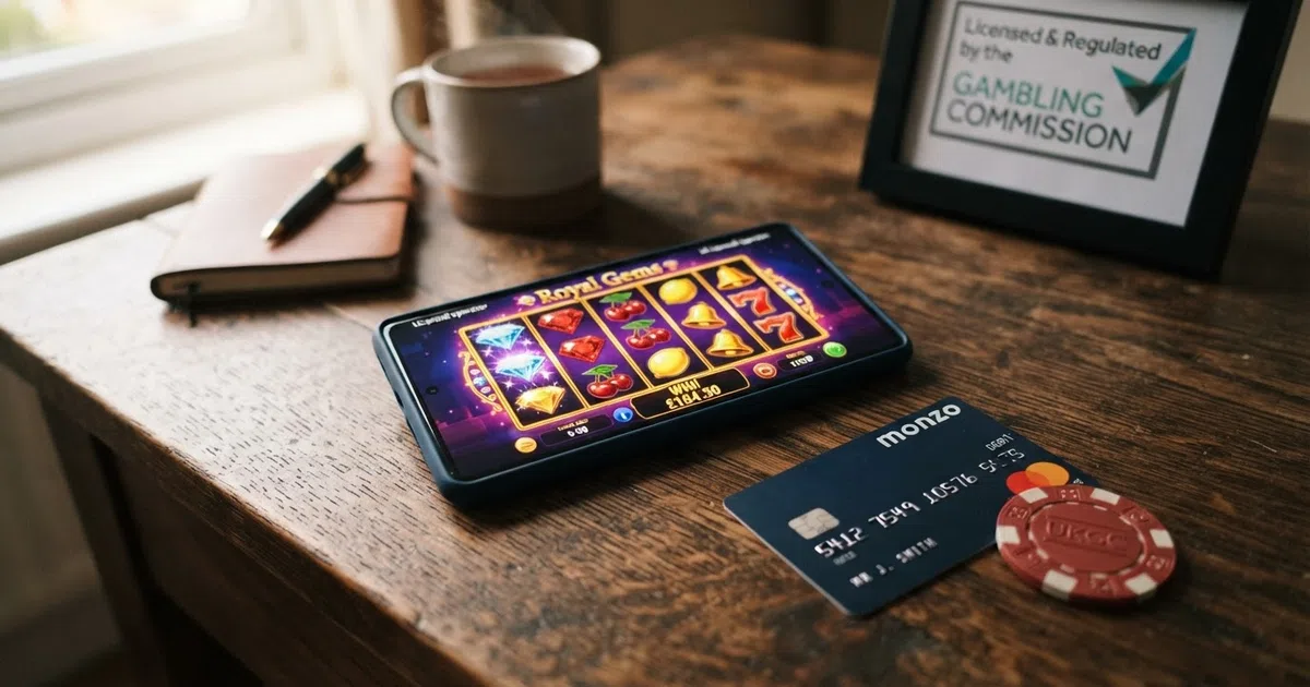 A smartphone showing slot reels beside a Gambling Commission licence badge and a debit card