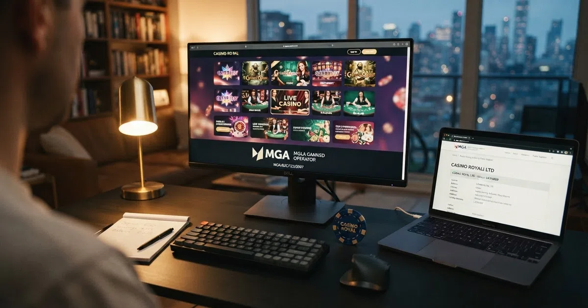A desktop browser displaying an online casino lobby beside the Malta Gaming Authority licensee register page