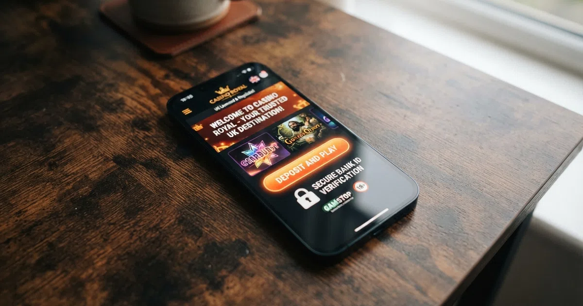 A smartphone screen showing a UK online casino landing page with a “Deposit and Play” button and a padlock icon indicating secure bank-ID verification
