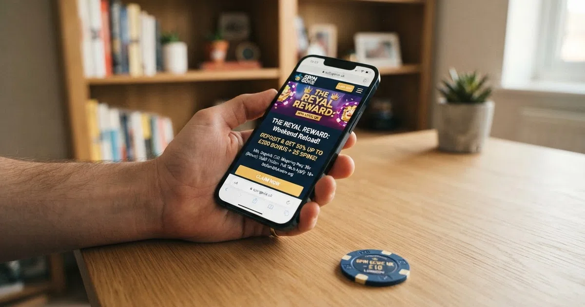 A UK-licensed online casino promotions page showing a reload bonus offer with its terms — match percentage, wagering requirement and validity window — displayed clearly on screen