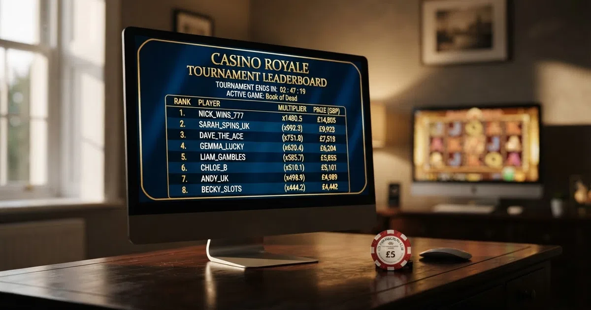 A digital leaderboard ranked by player names and win-multiplier scores, with a slot reel visible in the background, lit in the gold and deep-blue palette of a casino tournament lobby