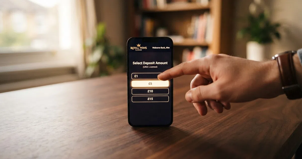 A smartphone screen showing a UK online casino deposit page with £1, £5, £10 and £15 amounts displayed as selectable options, held in a hand against a dark background
