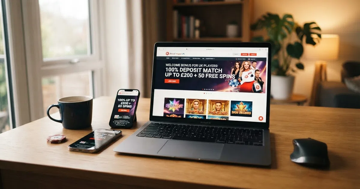 A smartphone and laptop screen side by side, each displaying a UK online casino welcome page with a 100% deposit match bonus offer, a UK Gambling Commission logo visible in the footer