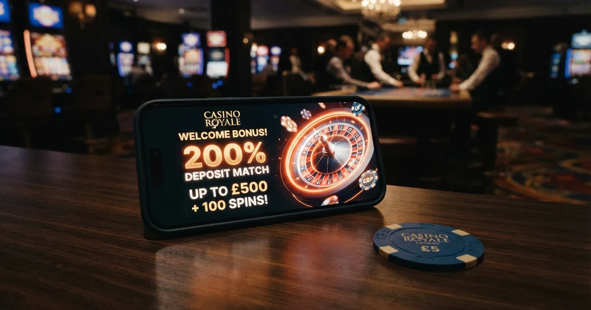 A casino welcome screen showing a deposit match offer beside a roulette wheel and a pound sign