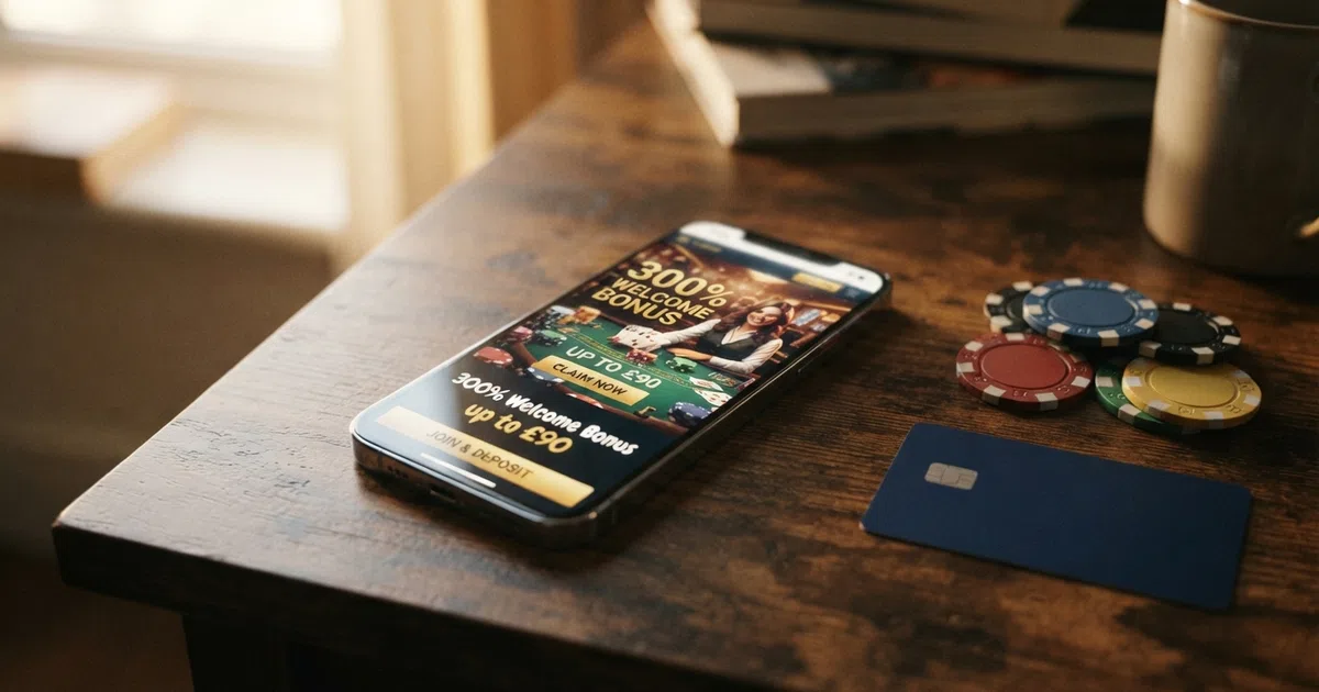 A smartphone screen displaying a casino promotion banner that reads “300% Welcome Bonus up to £90” beside a stack of poker chips and a debit card