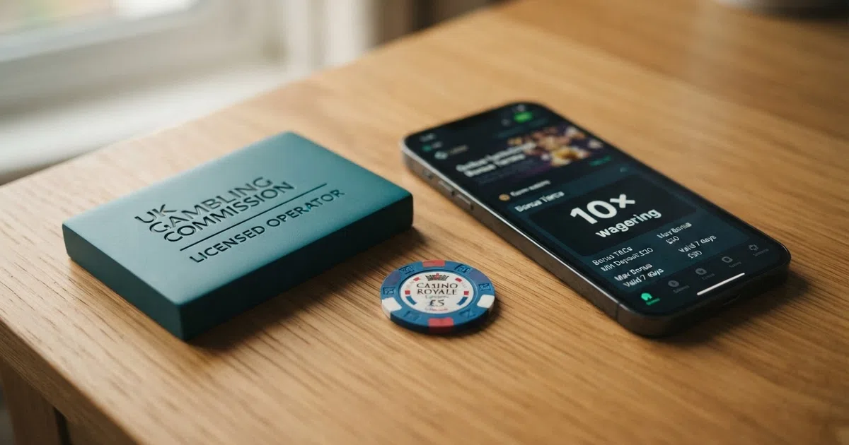 A UKGC licence certificate alongside a smartphone displaying a casino bonus-terms screen with a highlighted wagering-requirement figure