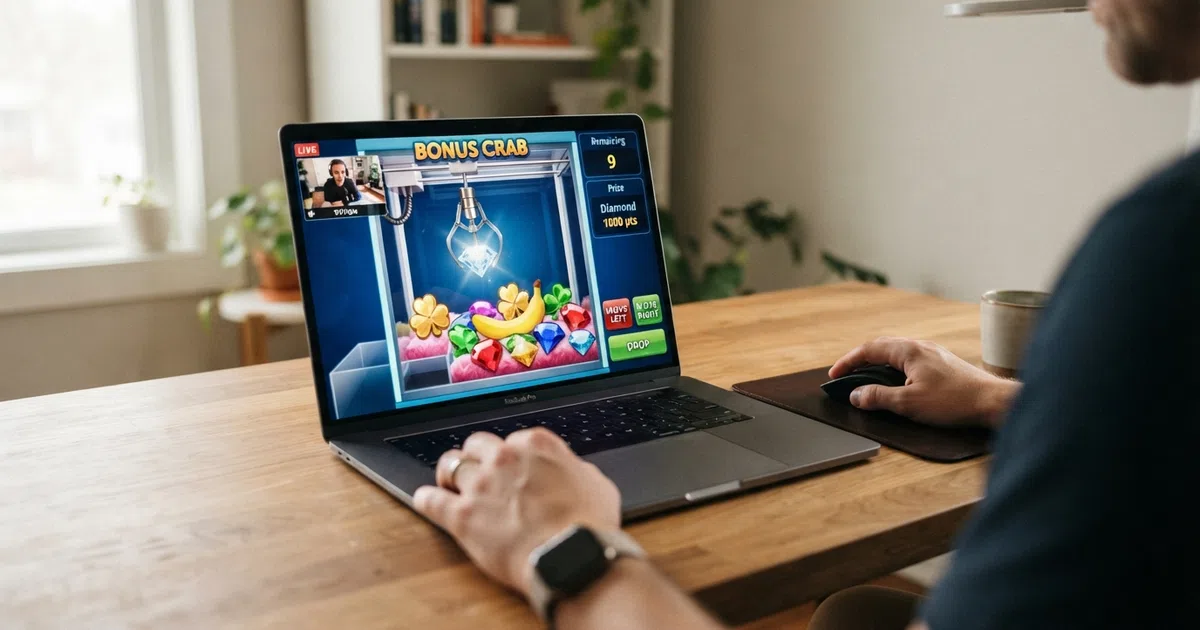 A glowing claw machine interface on a casino website screen, with a claw hovering over prize symbols including a diamond, a clover, a banana and a gem