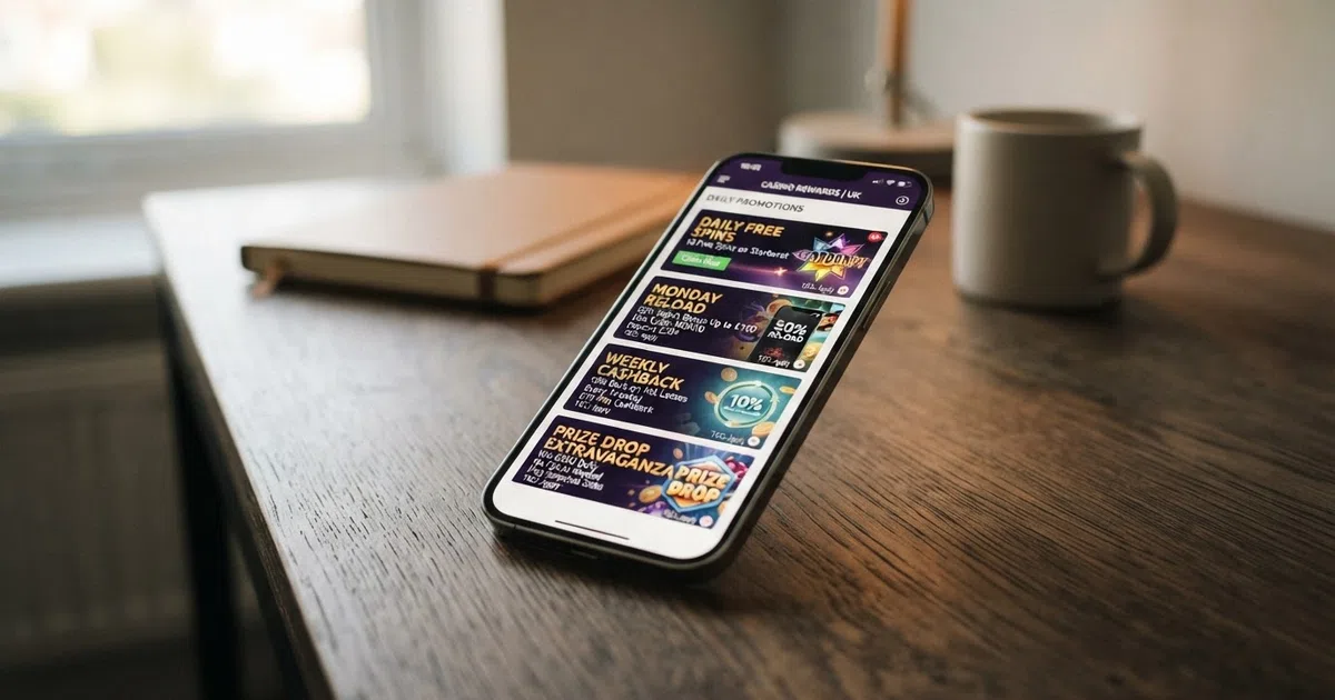 A smartphone screen displaying a UK online casino promotions page with daily free-spin, reload and cashback offer cards arranged in a scrollable feed