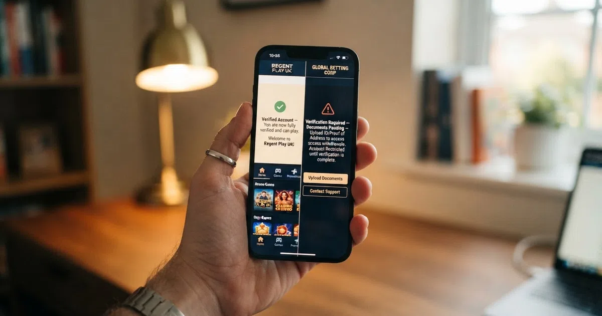 A split-screen composition: on the left, a UK player's smartphone showing a “Verified — You can now play” confirmation screen from a UKGC-licensed casino app; on the right, the same phone displaying a “Documents Required — Upload ID to withdraw” notification from an offshore casino site