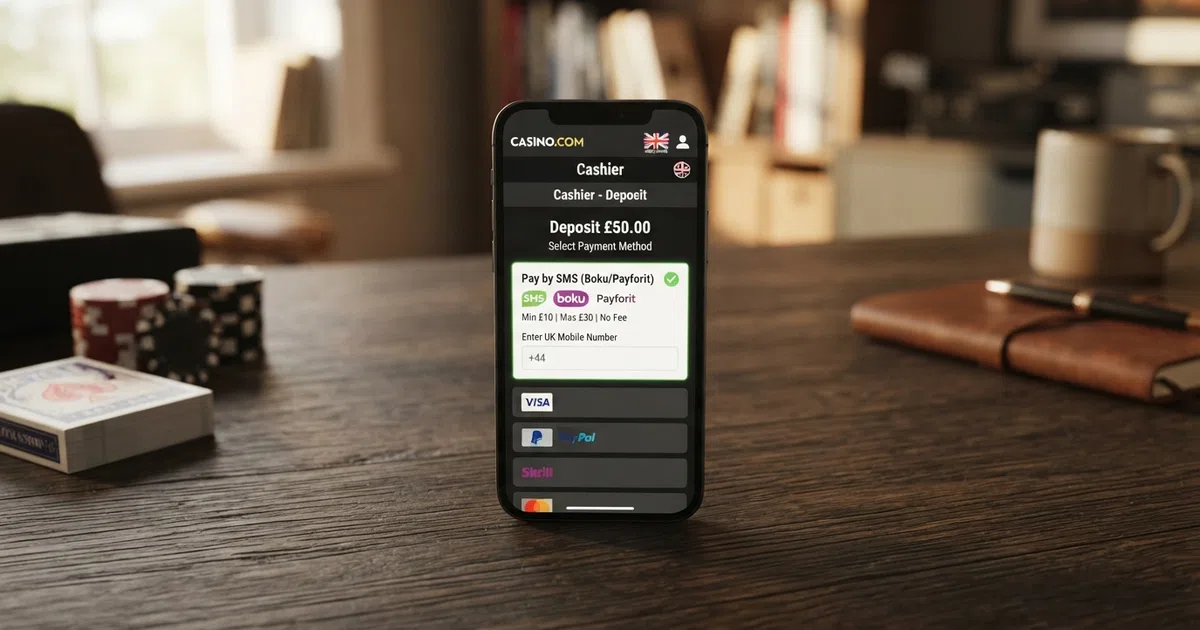 A smartphone showing a casino cashier screen with the pay-by-SMS option highlighted