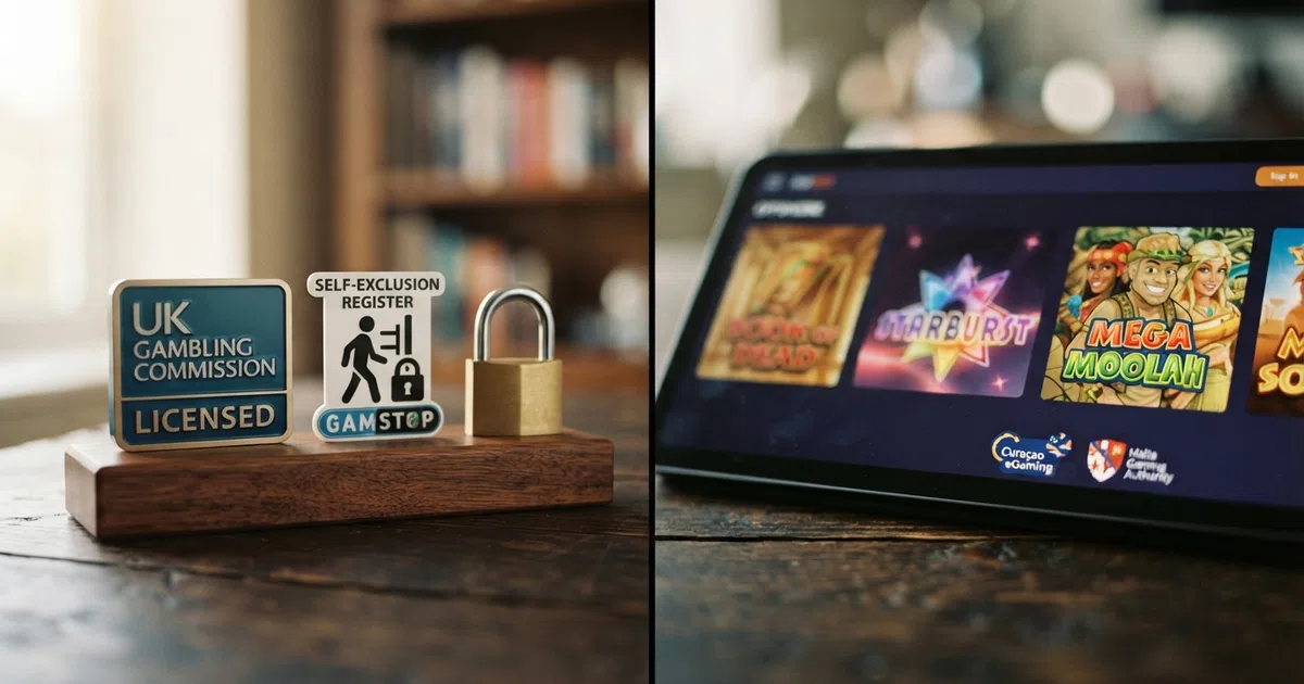 A split-screen composition showing a UKGC badge and GamStop logo on the left beside a padlock icon, and a row of colourful online slot thumbnails on the right with offshore licence seals from Curaçao, Anjouan and Costa Rica beneath them
