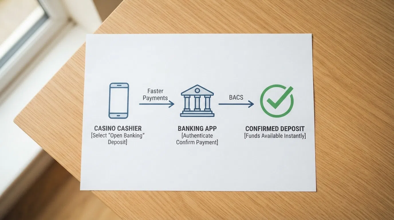 A simplified flow diagram showing the Open Banking redirect: casino cashier → banking app → biometric approval → confirmed deposit, with the Faster Payments and BACS arrows annotated with their typical clearing times