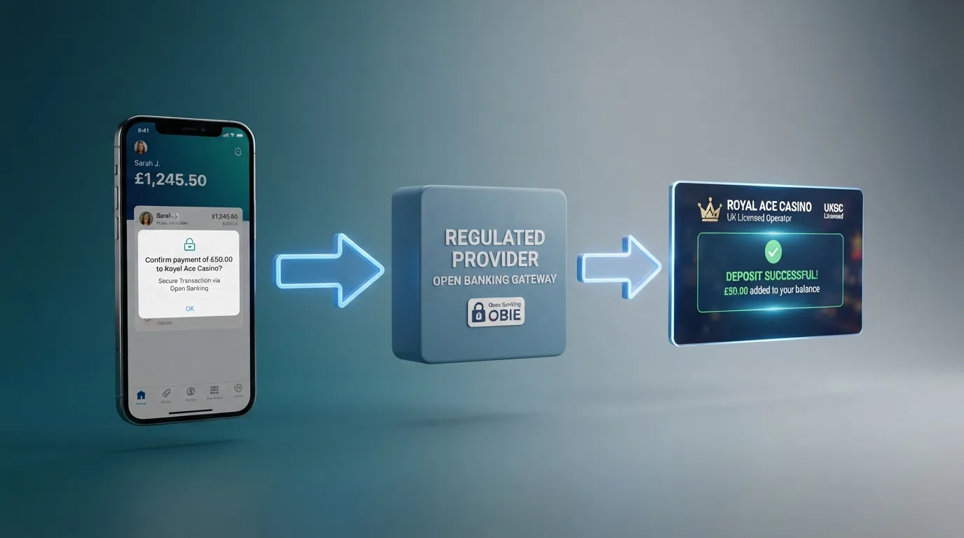 A diagram showing the Open Banking payment flow from a player's current account through a regulated third-party provider to a UK-licensed casino, with Faster Payments settlement highlighted