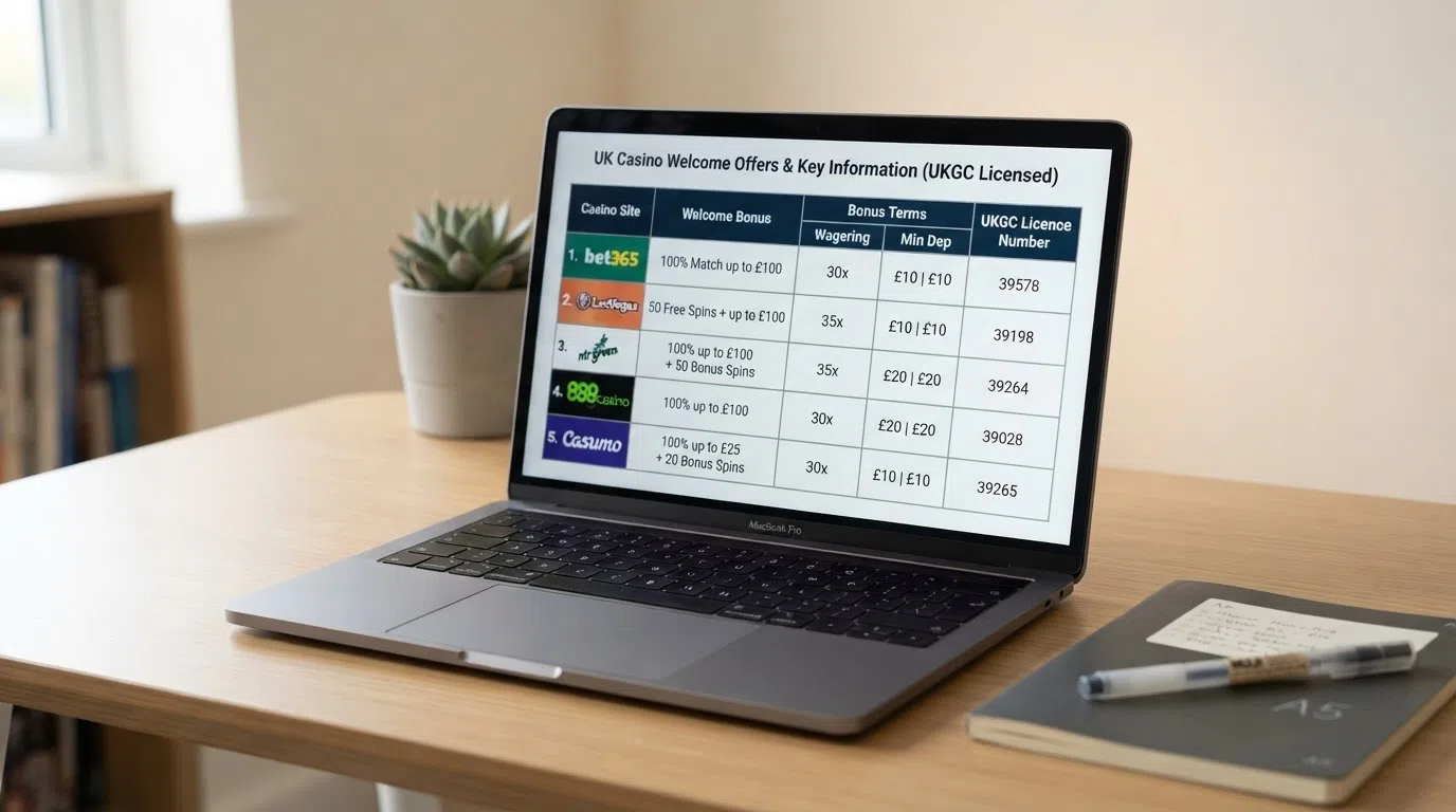 A side-by-side grid of UK casino welcome-offer summaries with licence numbers and bonus terms highlighted