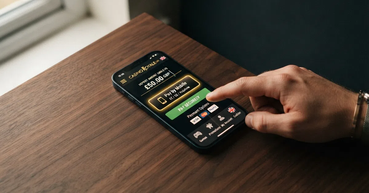 A smartphone screen displaying a UK online casino deposit interface with the pay by phone bill option selected and an amount field visible
