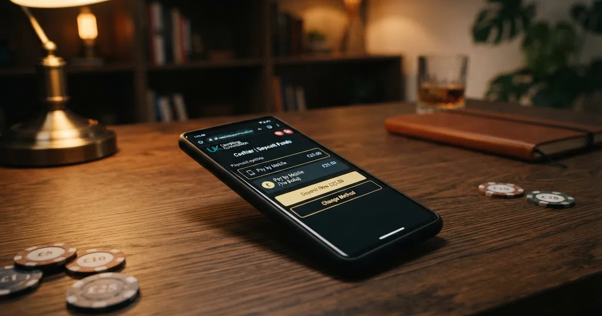 A smartphone showing a casino cashier screen with a phone-bill payment option selected