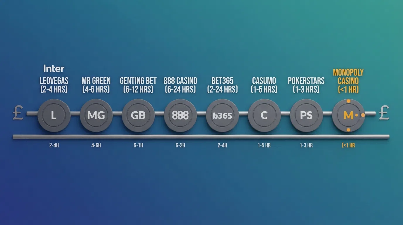 A timeline graphic showing PayPal withdrawal speeds across multiple UK casinos, with a highlighted 35-minute marker at Casumo and a 24-hour outer bound