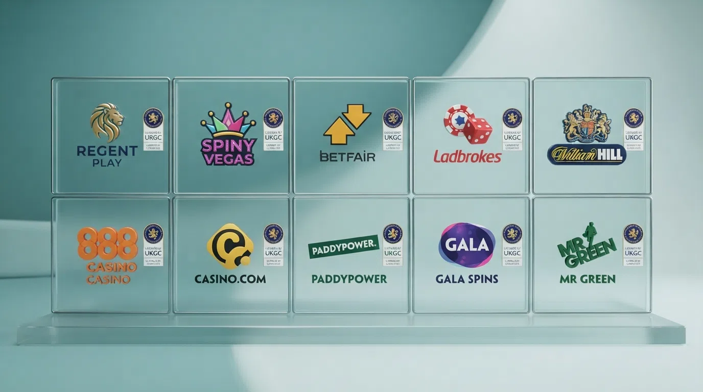 A grid of ten UK casino operator logos arranged in ranked order, each marked with a visible UKGC licence badge or reference number