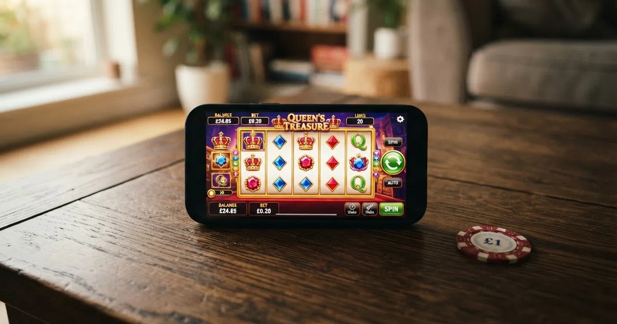 A row of colourful online penny slot reels displayed on a smartphone screen with a British one-penny coin resting beside the device