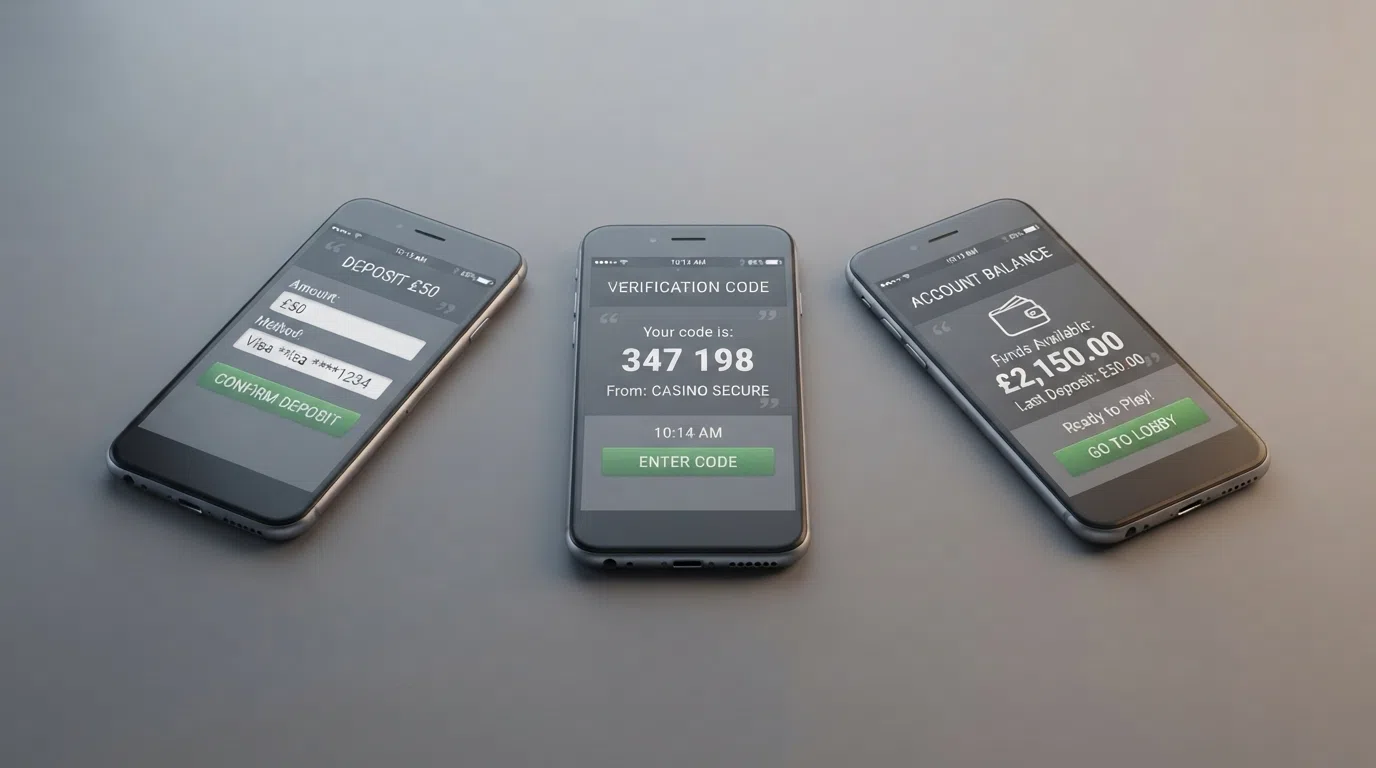 A three-step illustration: a casino deposit screen with an amount entered, a mobile phone receiving a verification message, and a casino balance showing the credited funds
