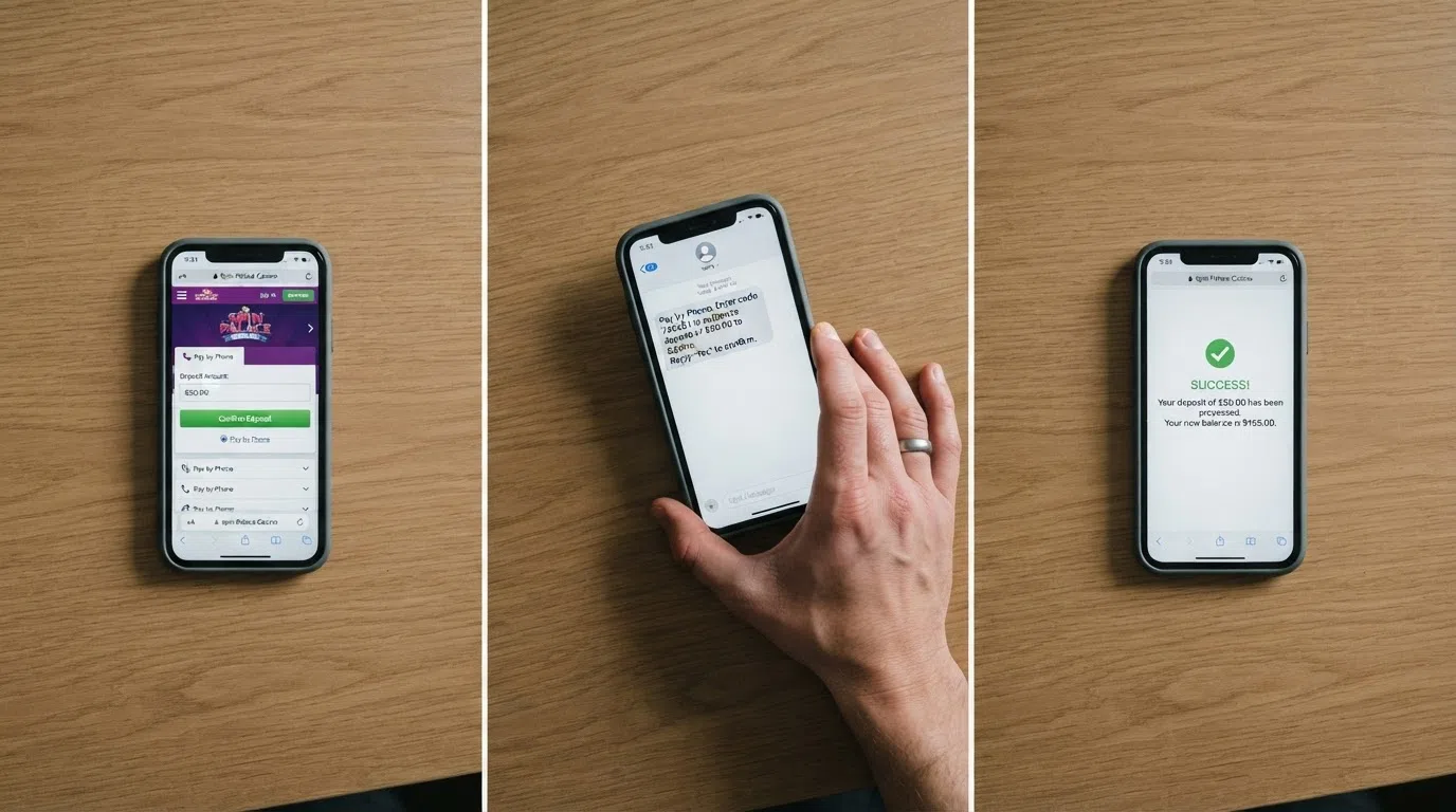 A three-step illustration of the pay-by-phone deposit process: selecting the amount on a casino cashier screen, receiving an SMS verification prompt, and the confirmation screen showing funds available