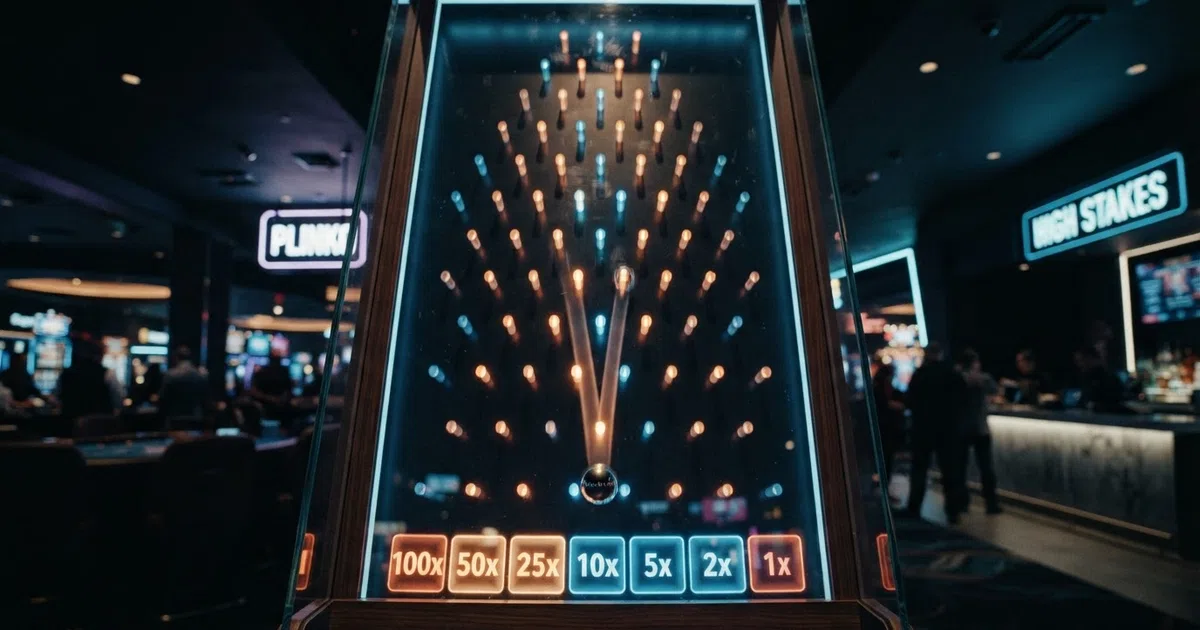 A digital Plinko board with a ball dropping through rows of pegs toward multiplier cells at the bottom, set against a dark casino-themed background