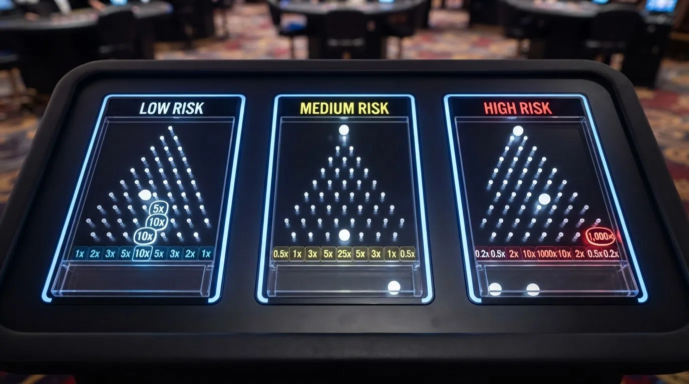 Three Plinko boards side by side showing different row counts and risk-level multiplier distributions — low risk on the left with tight multipliers, high risk on the right with extreme edge values