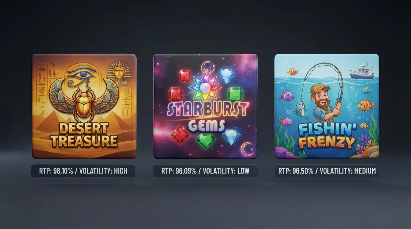 A grid of three slot-game title cards — Book of Dead, Starburst and Big Bass Bonanza — each showing its RTP percentage and volatility rating beneath the title