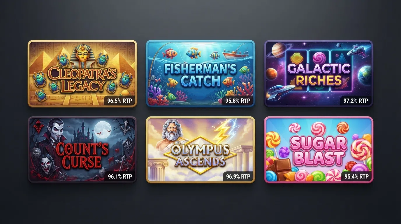 A grid of six slot-game title cards — Book of Dead, Big Bass Splash, Starburst, Blood Suckers, Gates of Olympus and Sweet Bonanza — each overlaid with its published RTP percentage in white text