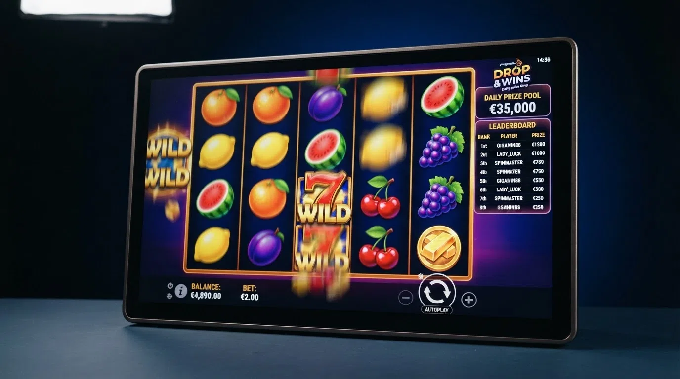 A Pragmatic Play slot game screen overlaid with a Drop & Win tournament leaderboard showing prize tiers, player positions and the daily €35,000 prize pool counter