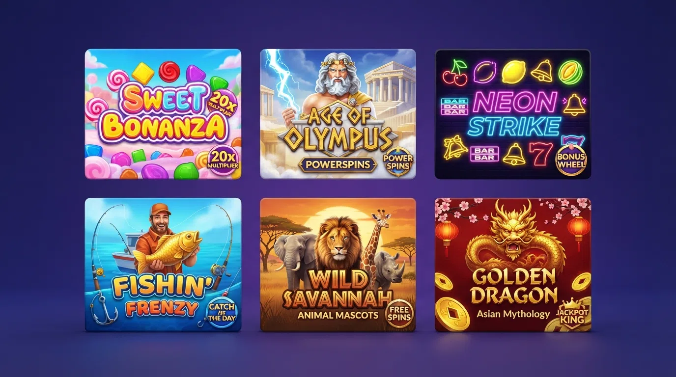 A grid of six Pragmatic Play slot title cards arranged in two rows of three: Sweet Bonanza, Gates of Olympus, Sugar Rush, Big Bass Bonanza, The Dog House Megaways, and Wolf Gold, each showing its title artwork.