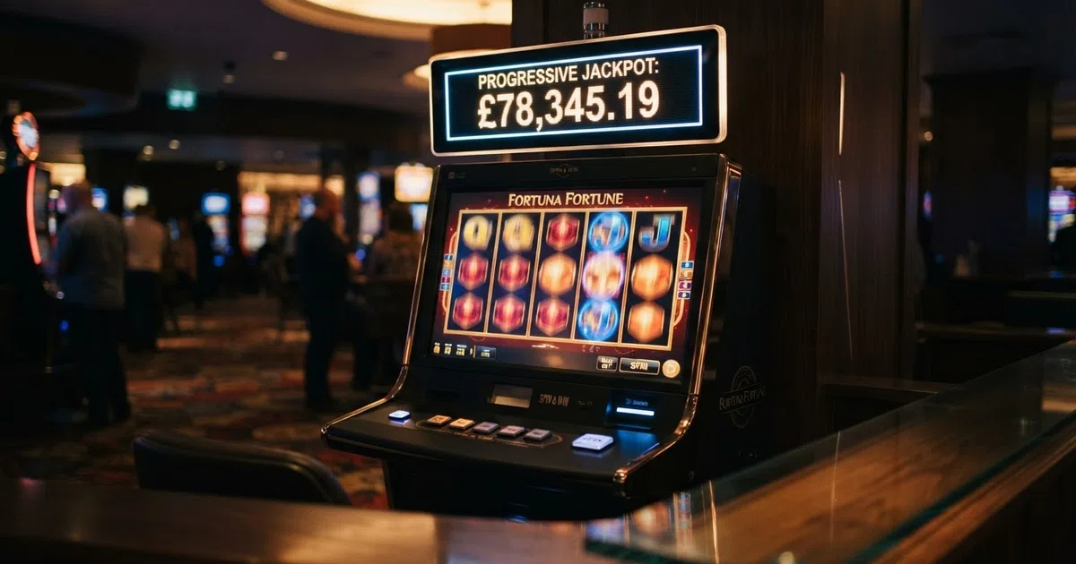 A row of illuminated progressive jackpot slot reels with a growing jackpot total displayed on an LED panel above the screen