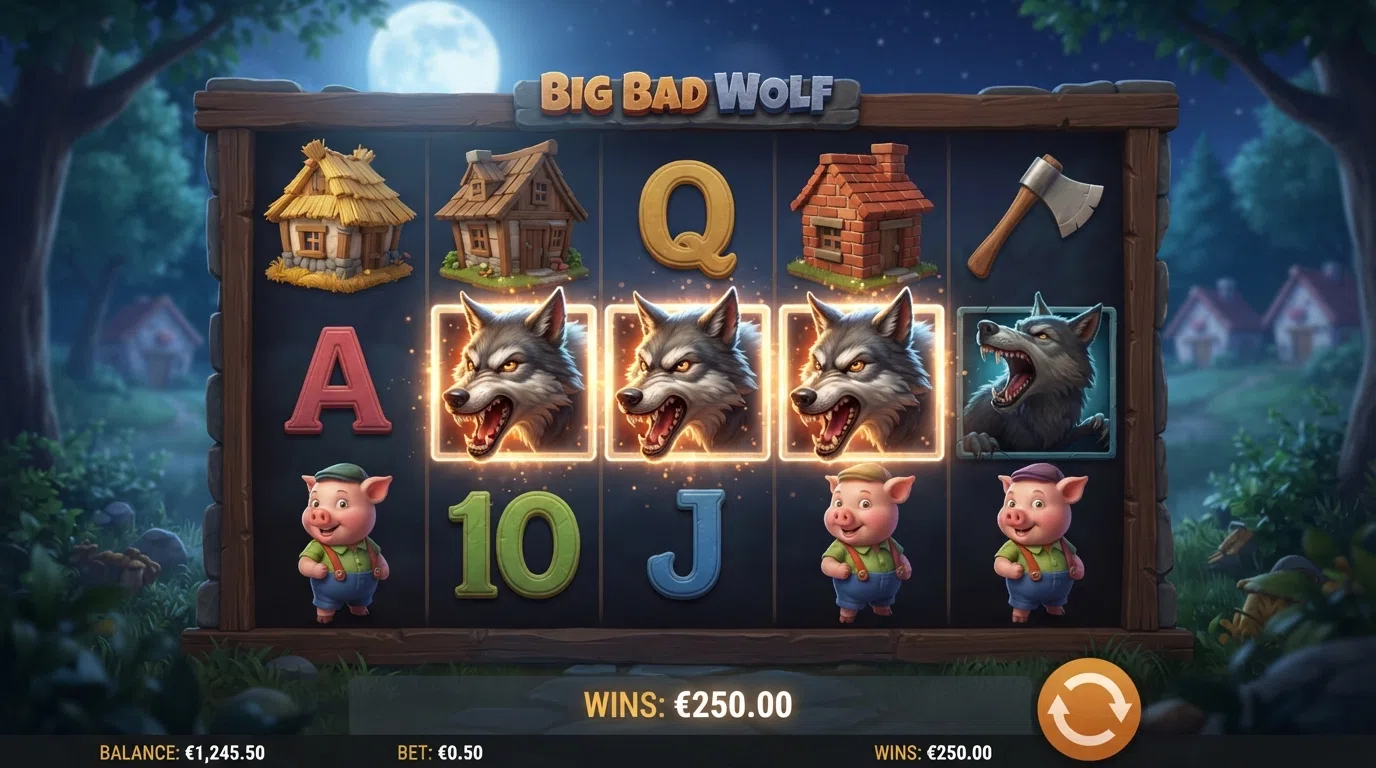 The Big Bad Wolf slot reels in play, showing the three-little-pigs fairytale theme, wooden house symbols and a full-moon backdrop