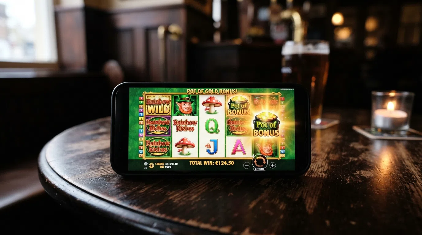 The Rainbow Riches five-reel grid with the leprechaun's pot of gold glowing to the right