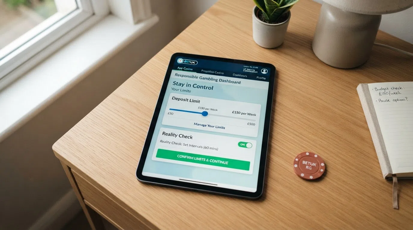 The GamCare National Gambling Helpline logo and contact number alongside safer gambling tools including deposit limits and reality-check settings