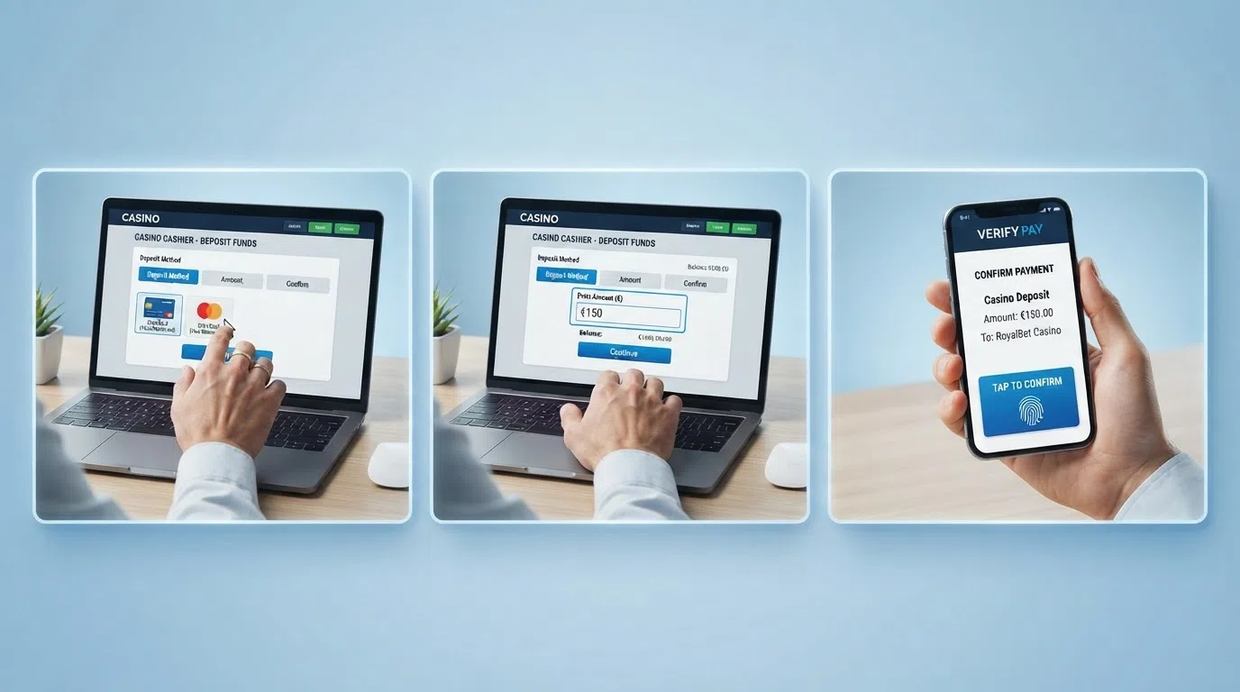 A three-step visual showing the Revolut casino deposit process — selecting Revolut or Visa/Mastercard at the cashier, entering an amount, and confirming the transaction in the Revolut app