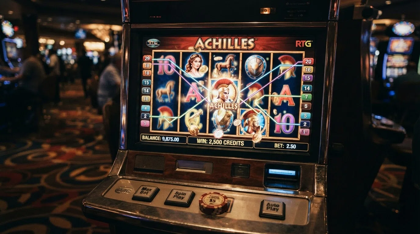 A selection of RTG slot reels showing in-game symbols and payline highlights from popular titles
