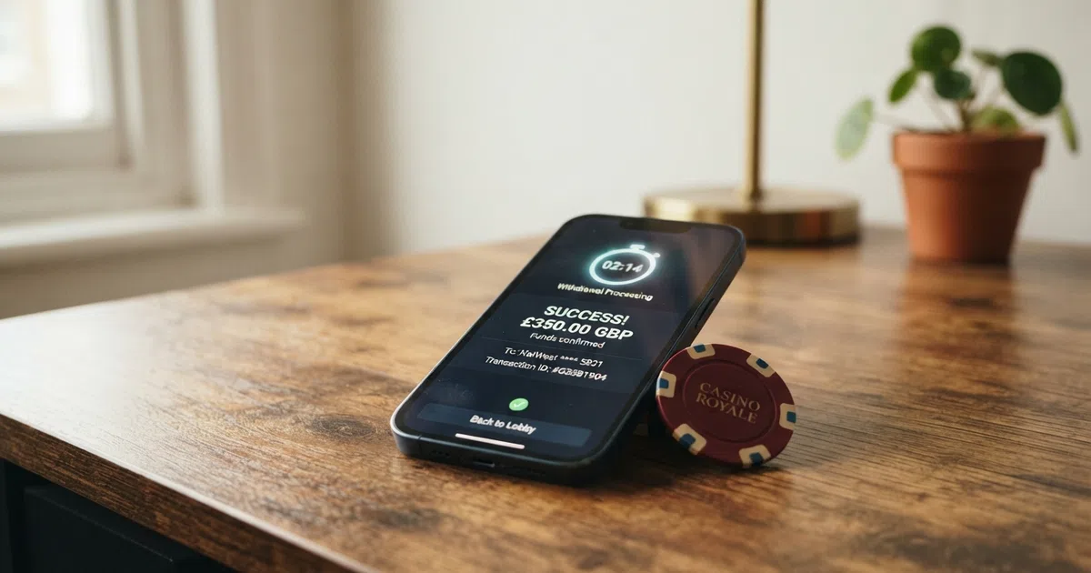 A smartphone displaying a casino withdrawal confirmation screen with a timer icon, sitting beside a British pound banknote on a desk