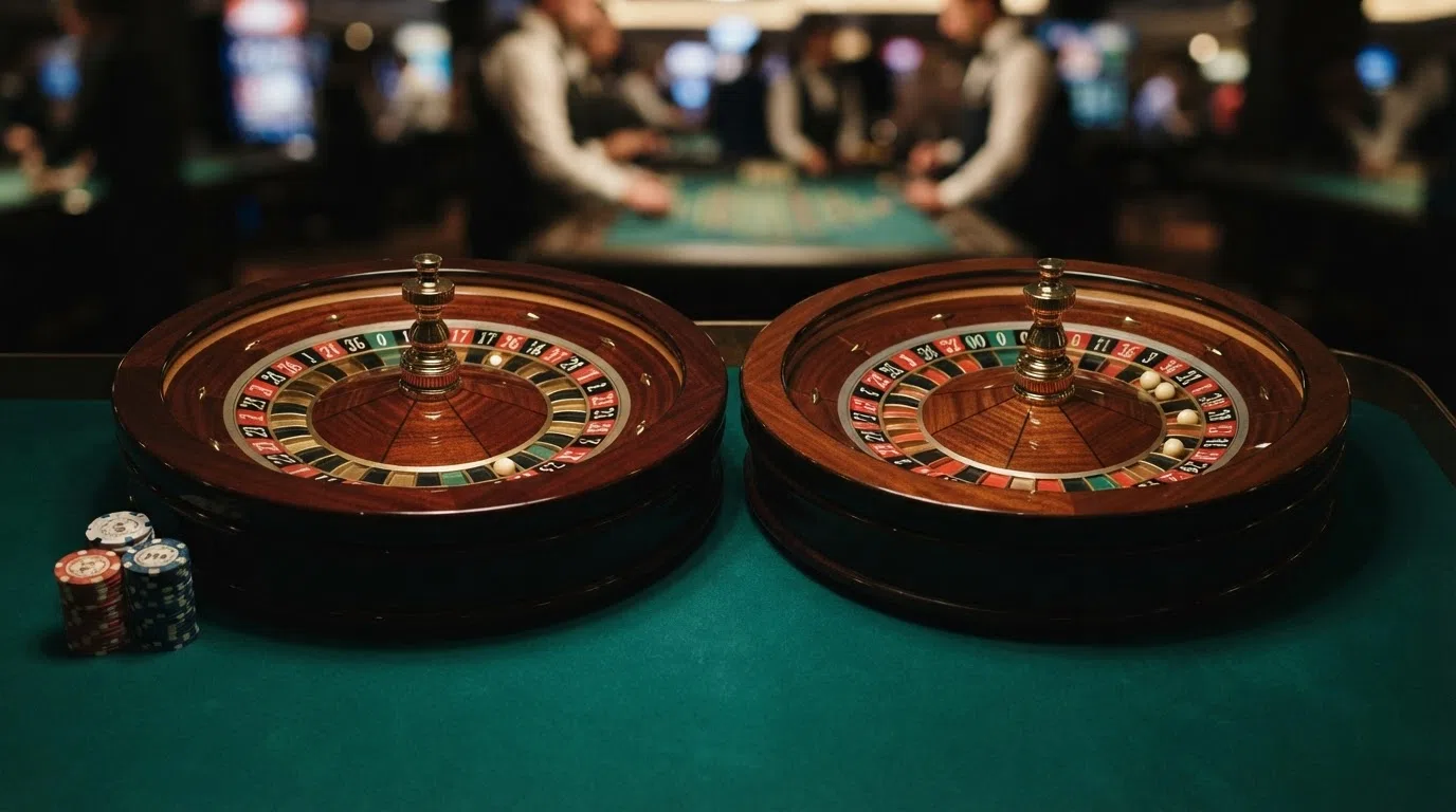 A European roulette wheel with a single green zero pocket, shown next to an American double-zero wheel for direct comparison
