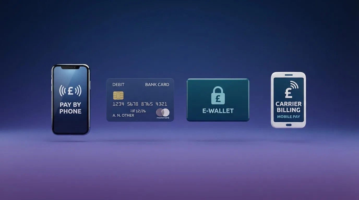 A side-by-side layout of payment method icons — Siru Mobile, debit card, PayPal and Boku — arranged on a casino-themed background