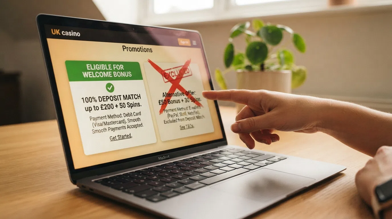 A close-up of a casino promotions page with bonus terms and a Skrill deposit option visible, one offer marked as eligible and another crossed out